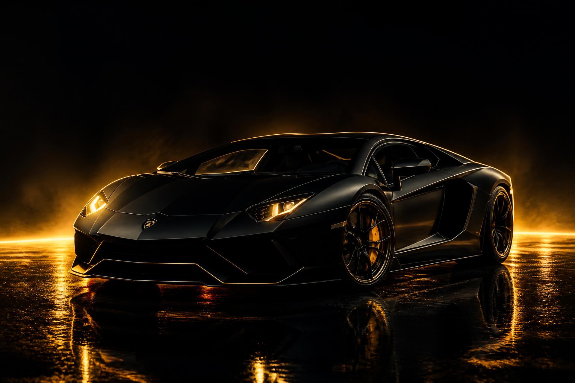 Matte black Lamborghini under gold light